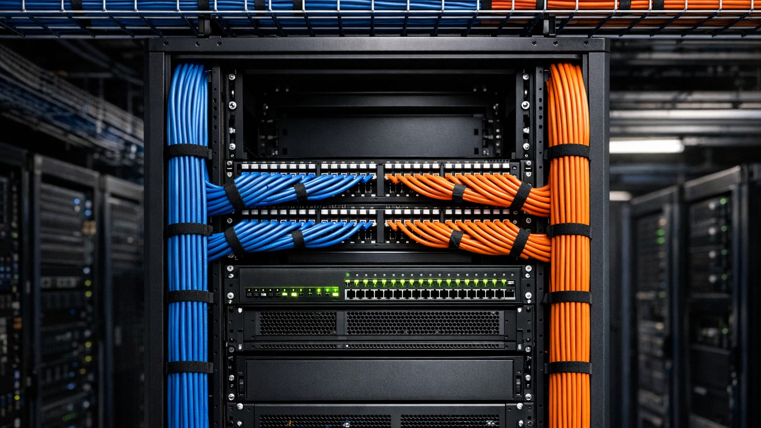 Structured data cabling server rack with neatly organized Cat6A patch cables and network switches