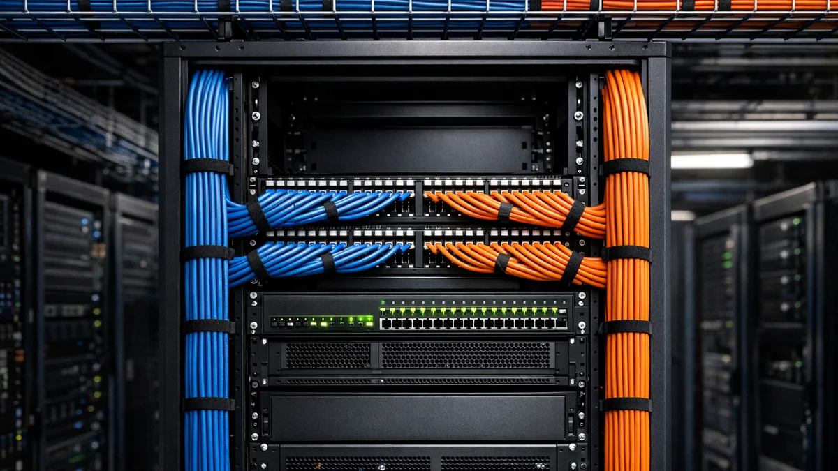 Structured data cabling server rack with organized Cat6A patch cables