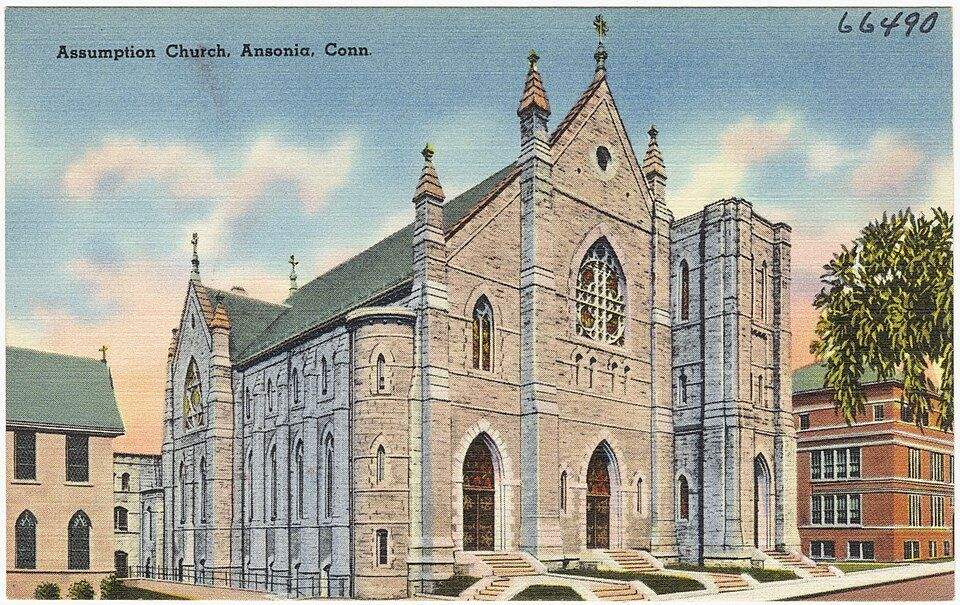 Historic postcard of Assumption Church, Ansonia, Connecticut