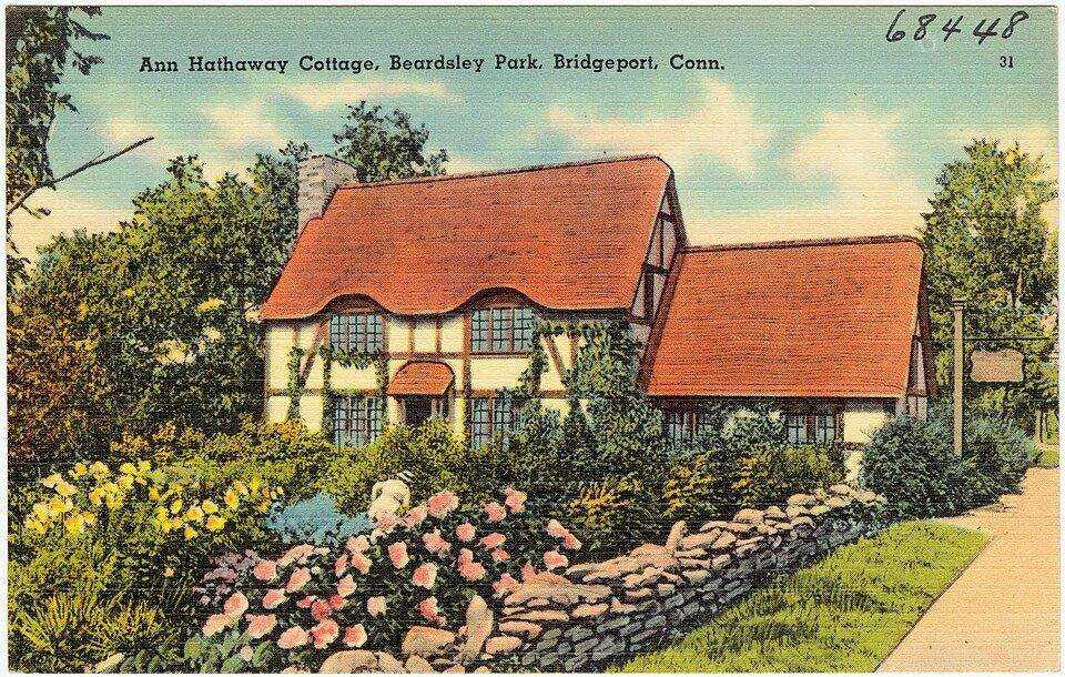 Historic postcard of Ann Hathaway Cottage in Beardsley Park, Bridgeport