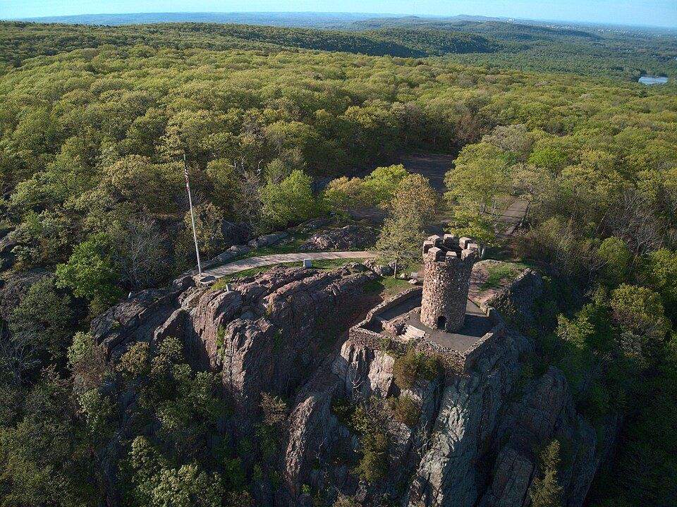 Aerial view of Castle Craig stone tower atop East Peak in Meriden, CT