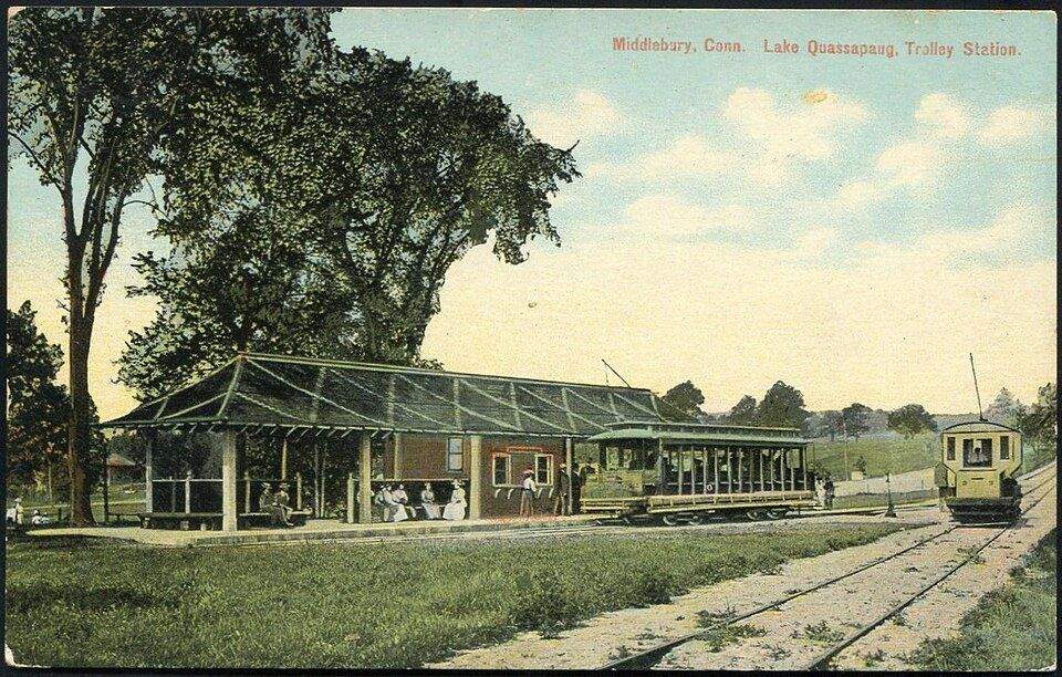 Historic postcard of Lake Quassapaug Trolley Station in Middlebury, Connecticut