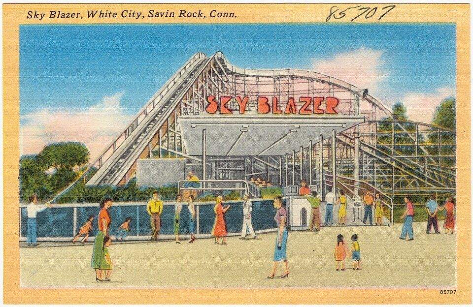 Vintage postcard of the Sky Blazer ride at Savin Rock amusement park, West Haven CT
