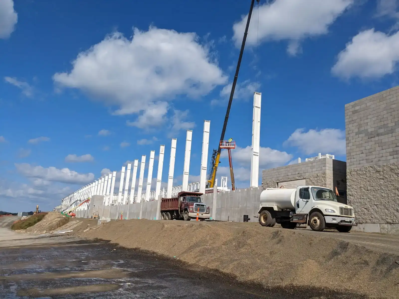 Industrial facility column erection with crane