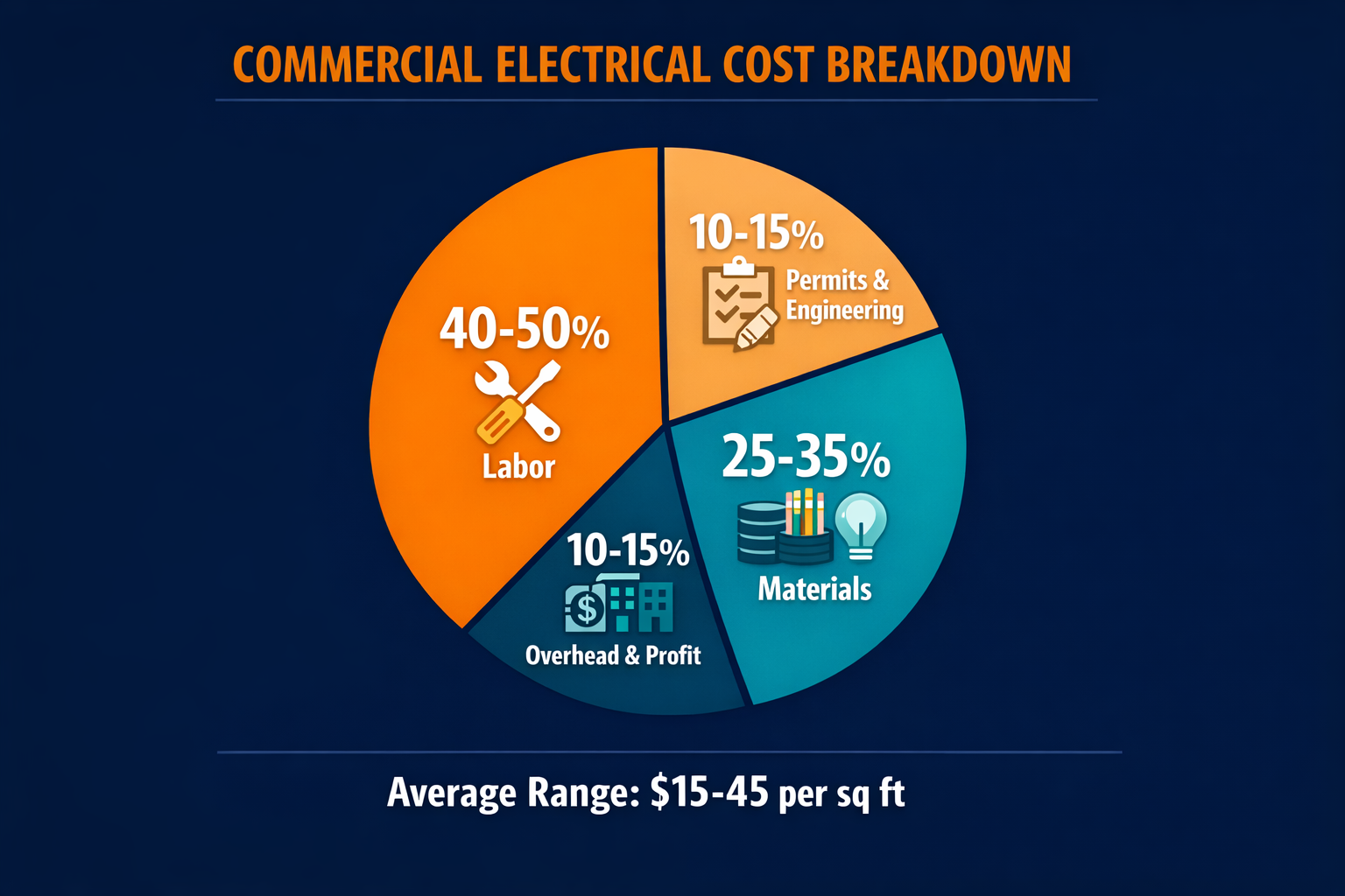 Commercial electrical project cost breakdown showing labor, materials, permits, and overhead percentages