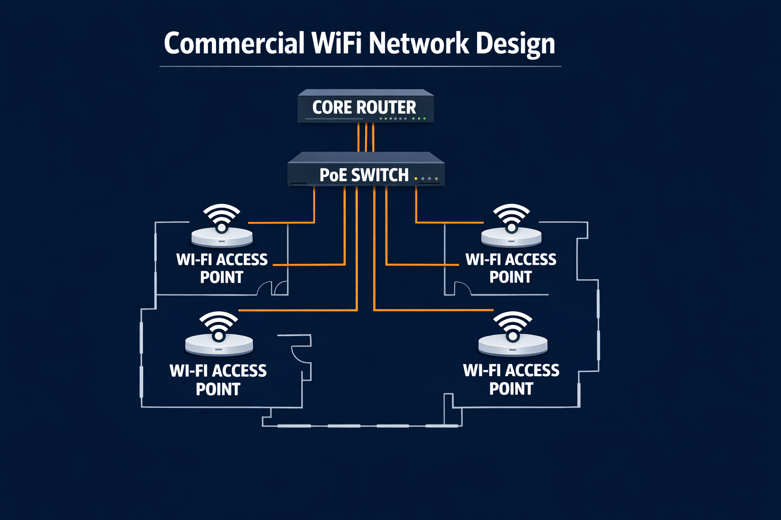 Commercial wireless network design showing UniFi Dream Machine Pro, PoE switch, Cat6A backbone, and ceiling-mounted access points with full coverage zones