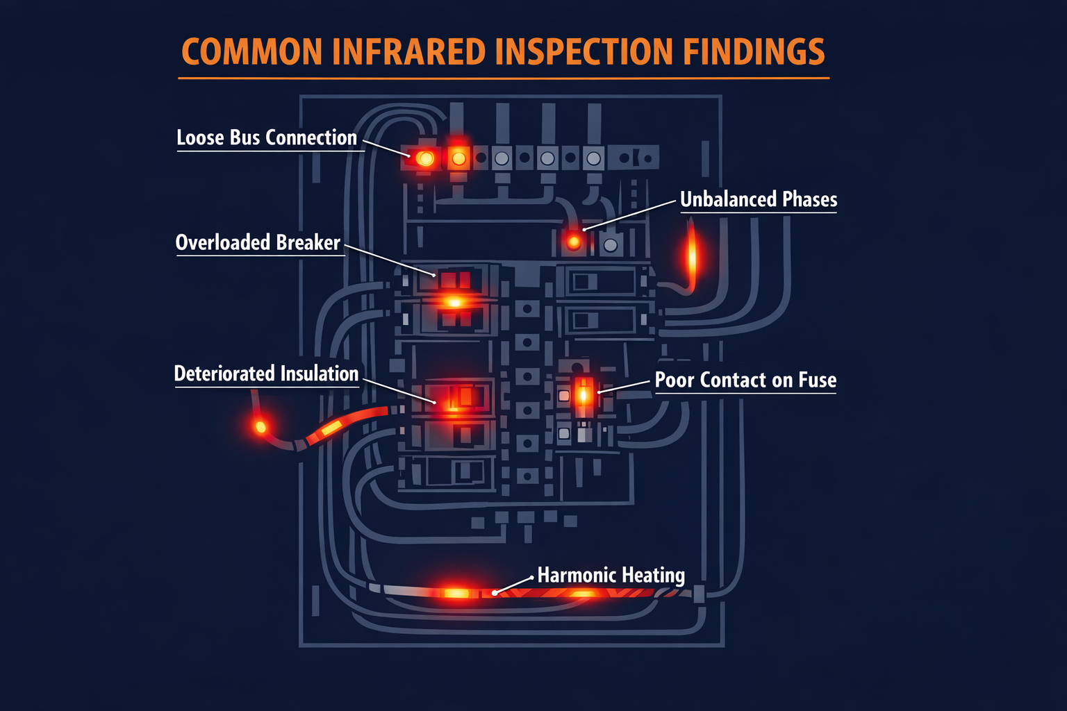 Common infrared electrical inspection findings diagram showing six typical issues found on electrical panels including loose connections, overloaded breakers, and unbalanced phases