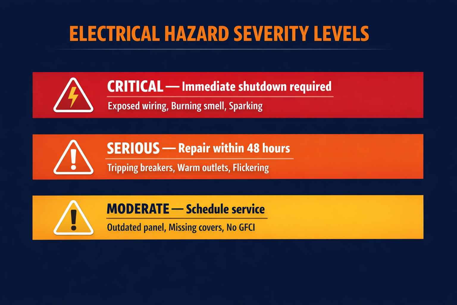 Electrical hazard severity levels chart showing critical, serious, and moderate classifications with recommended response times