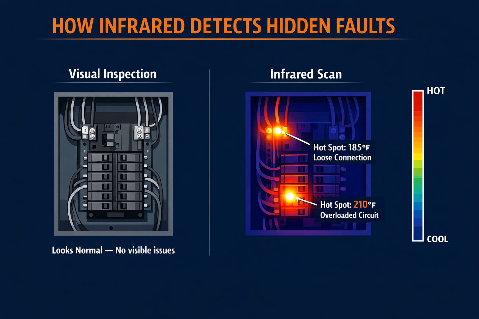 Comparison diagram showing how infrared scanning detects hidden electrical faults that visual inspection misses, including hot spots on loose connections and overloaded circuits