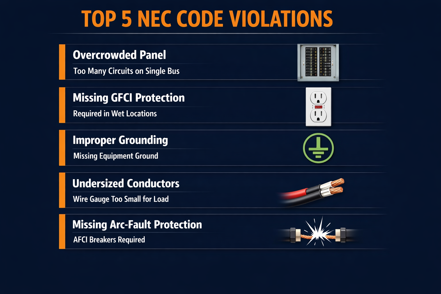 Top five NEC electrical code violations in commercial buildings including overcrowded panels, missing GFCI, improper grounding, undersized conductors, and missing AFCI