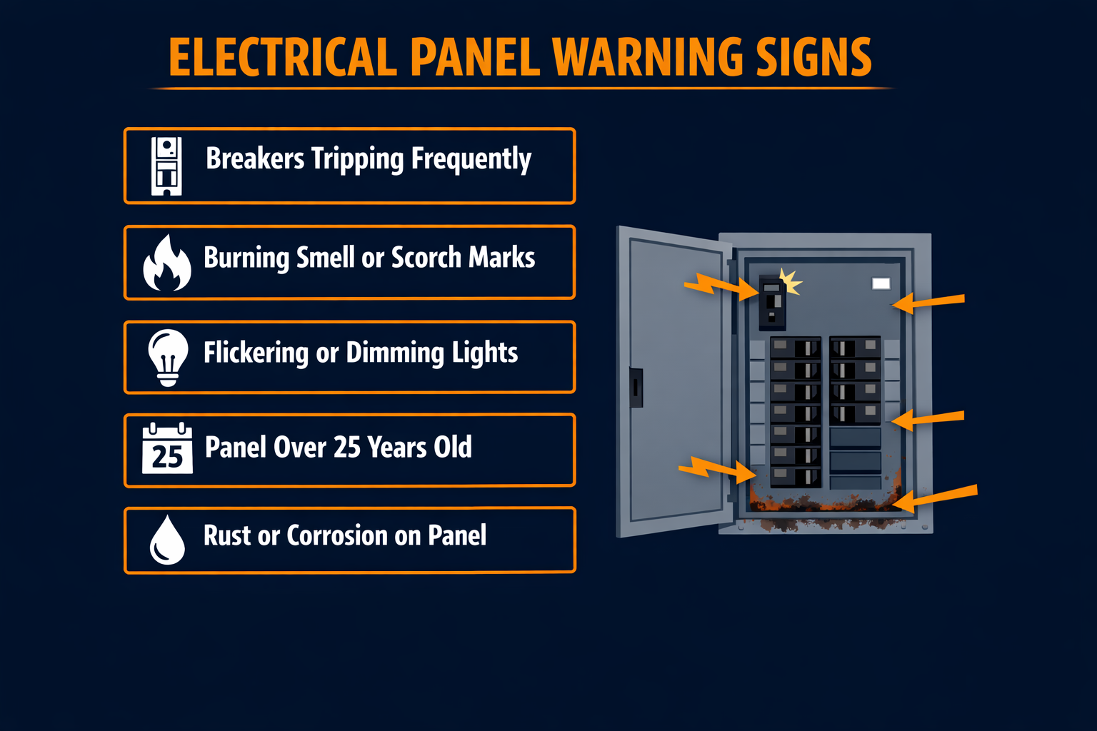 Five warning signs your commercial electrical panel needs upgrading including tripping breakers, burning smell, flickering lights, panel age, and corrosion