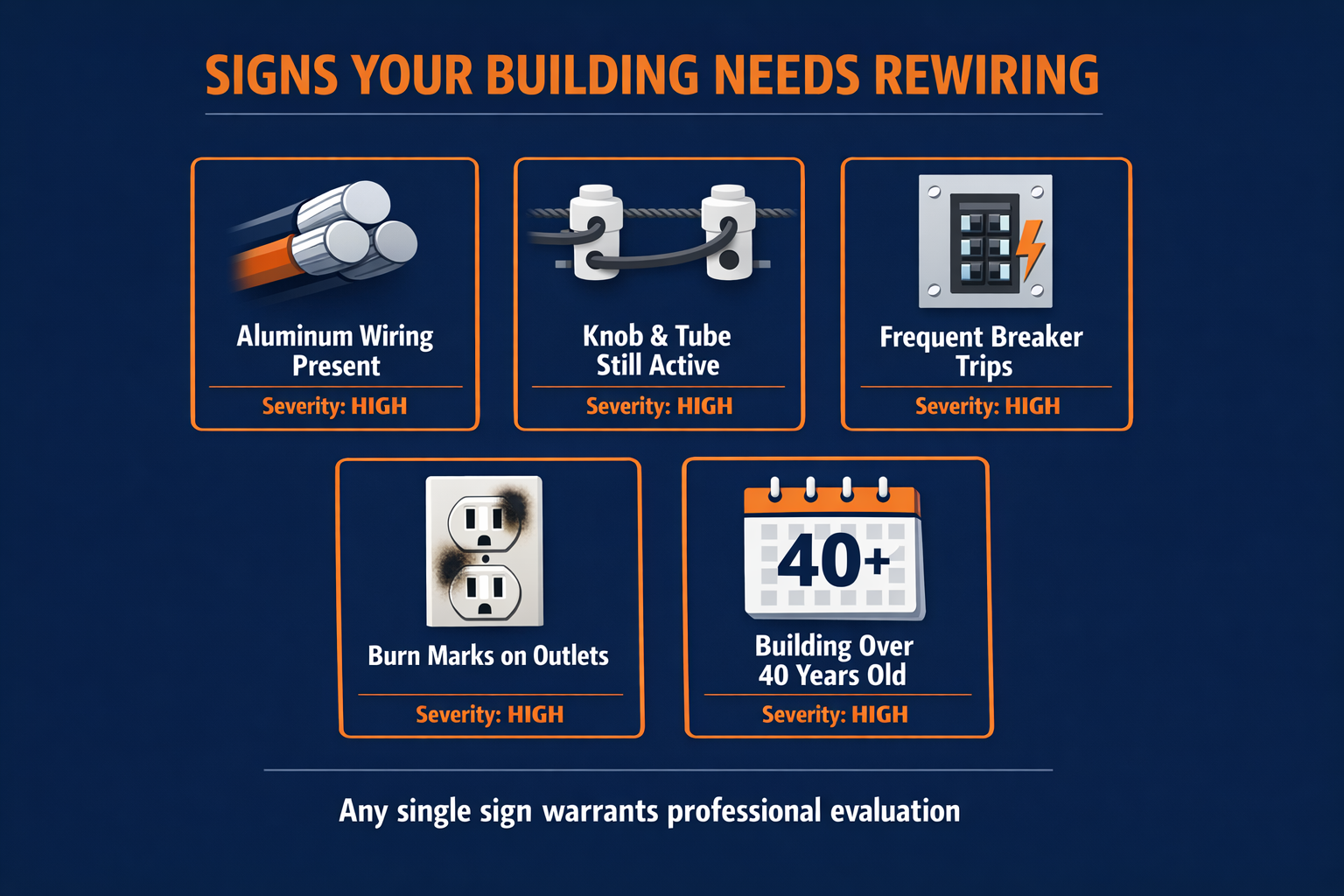 Five signs your commercial building needs rewiring including aluminum wiring, knob and tube, frequent breaker trips, burn marks, and building age over 40 years