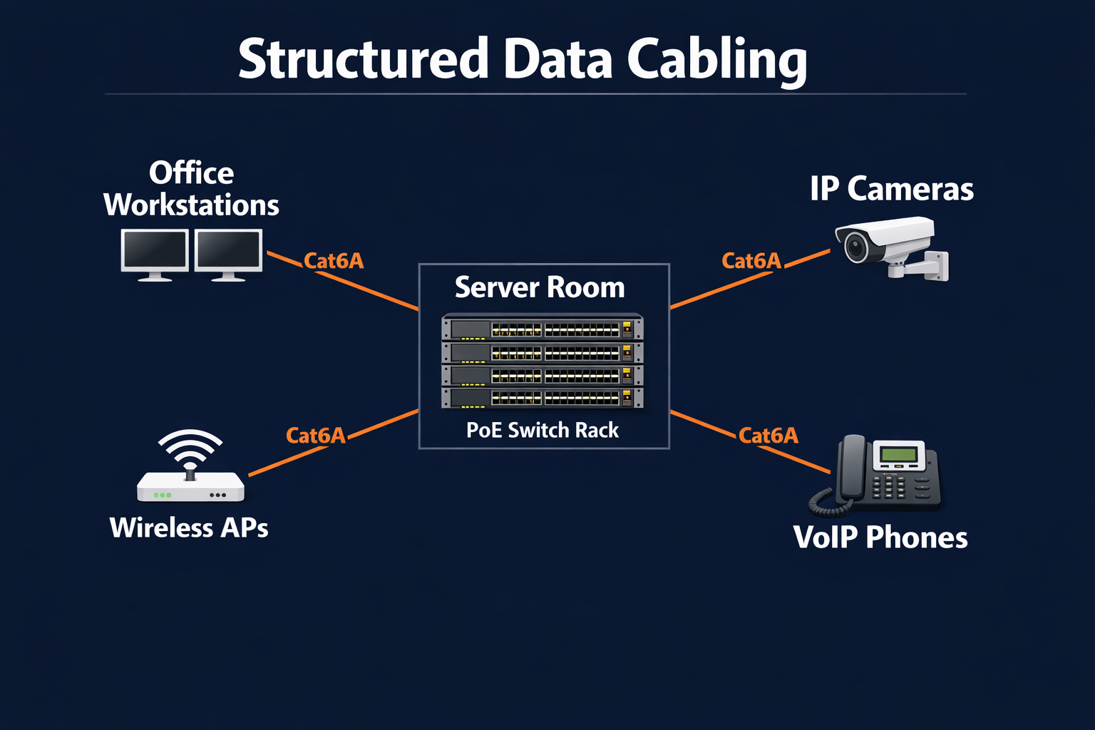 Structured data cabling system diagram showing server room, patch panel, Cat6A backbone, cable tray connecting to wall jacks, wireless access points, IP cameras, and VoIP phones