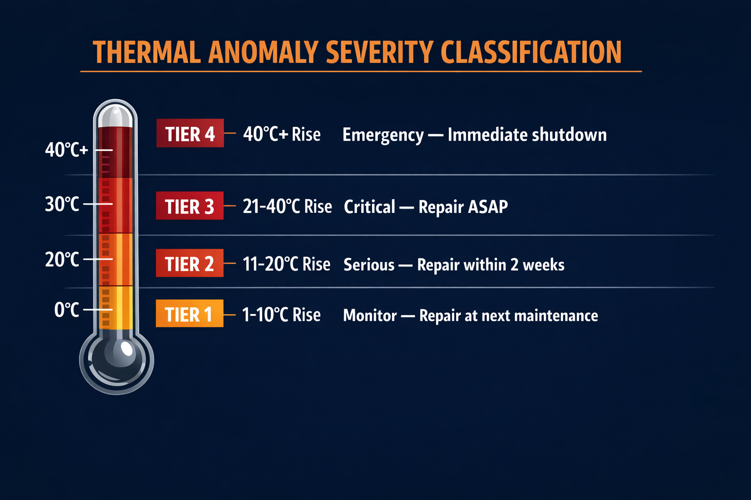 Thermal anomaly severity classification chart showing four tiers from monitor to emergency based on temperature rise above ambient